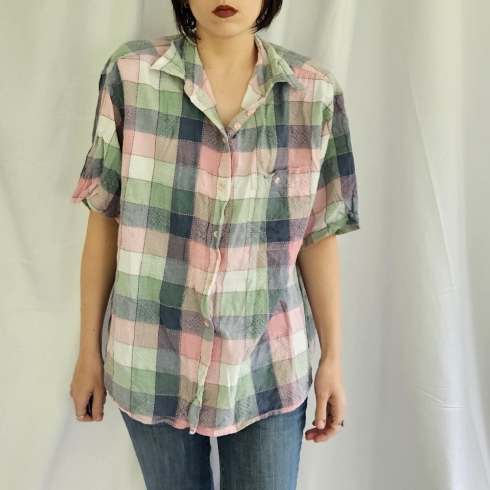 90s Green and Pink Plaid Button Down